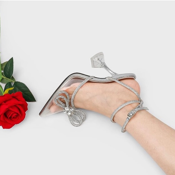 Zzheels Women Bowknot Clear Heels Crystal Slingback Sandals Lace-up Shoes for Pa - Picture 4 of 4